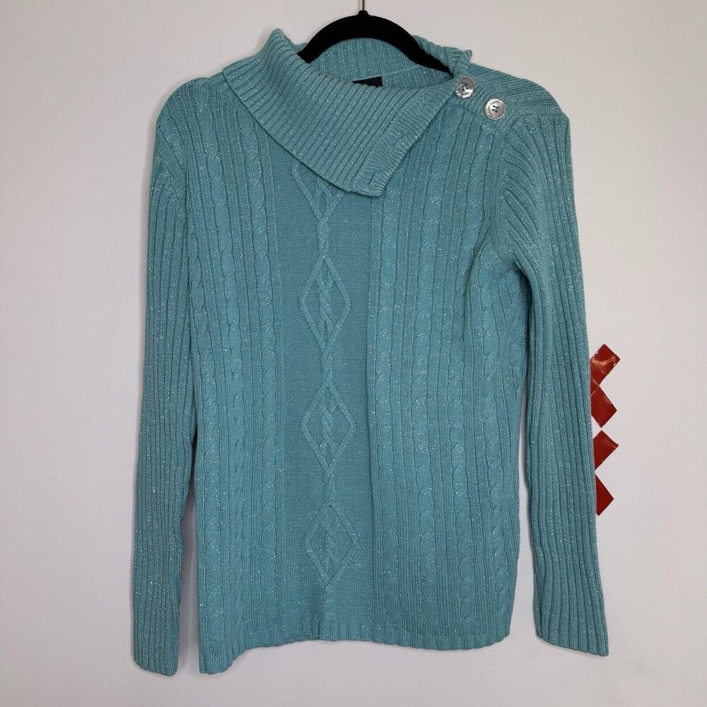 Vintage 90s Aqua Cable Knit Sweater Sparkly Fold Over Neck M